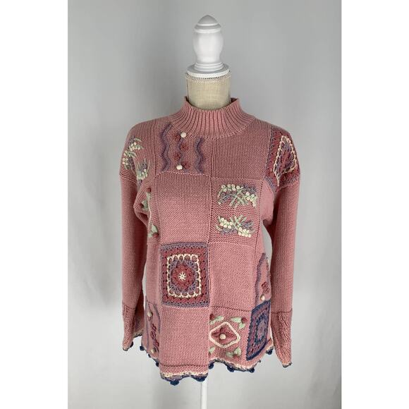 Jay Jacobs Vintage Knit Sweater Women Size Small Pink Patchwork Floral Mock Neck - Picture 1 of 11